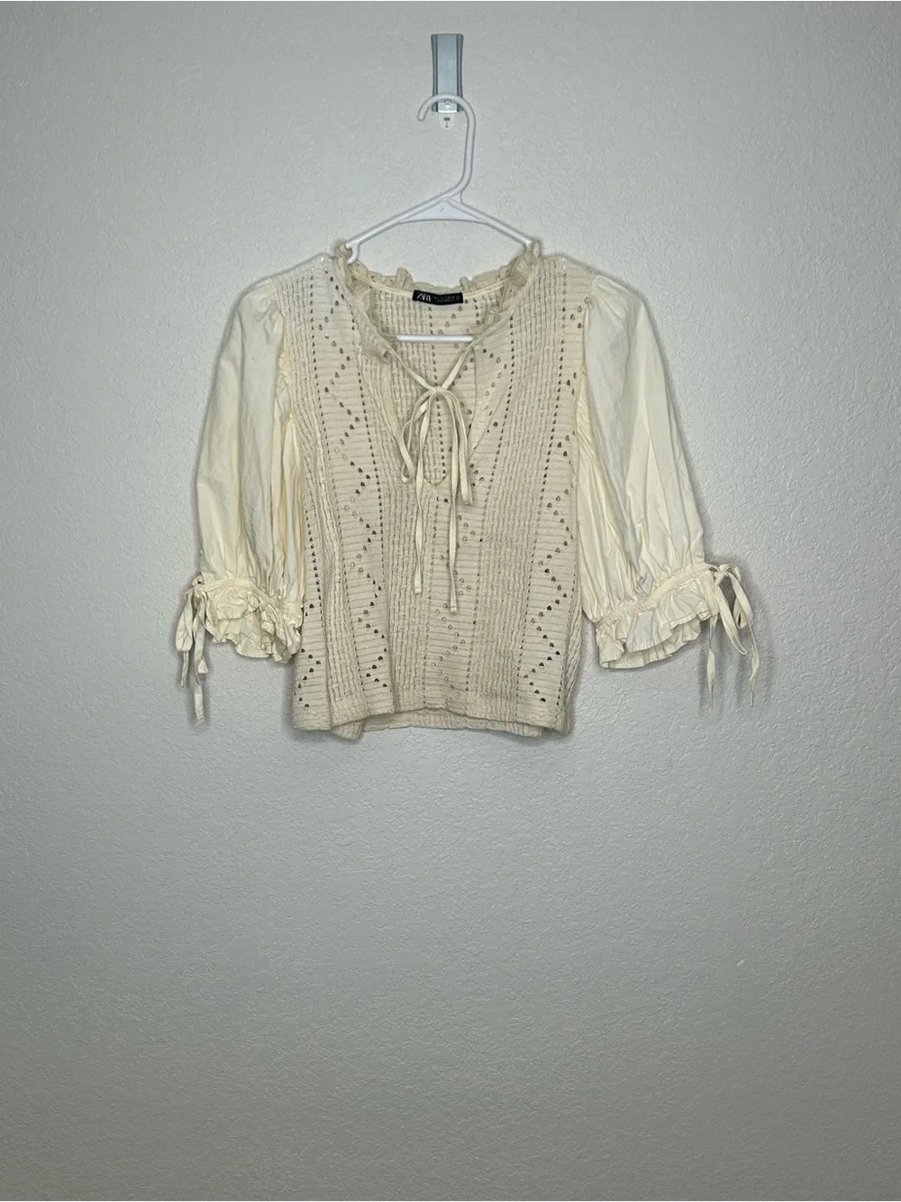 Zara Cream Crochet Tie-Front Peasant Blouse